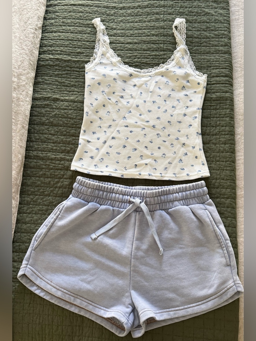 Pink Rose Blue Floral Lace Cami & Sweat Shorts Lounge Set Size S